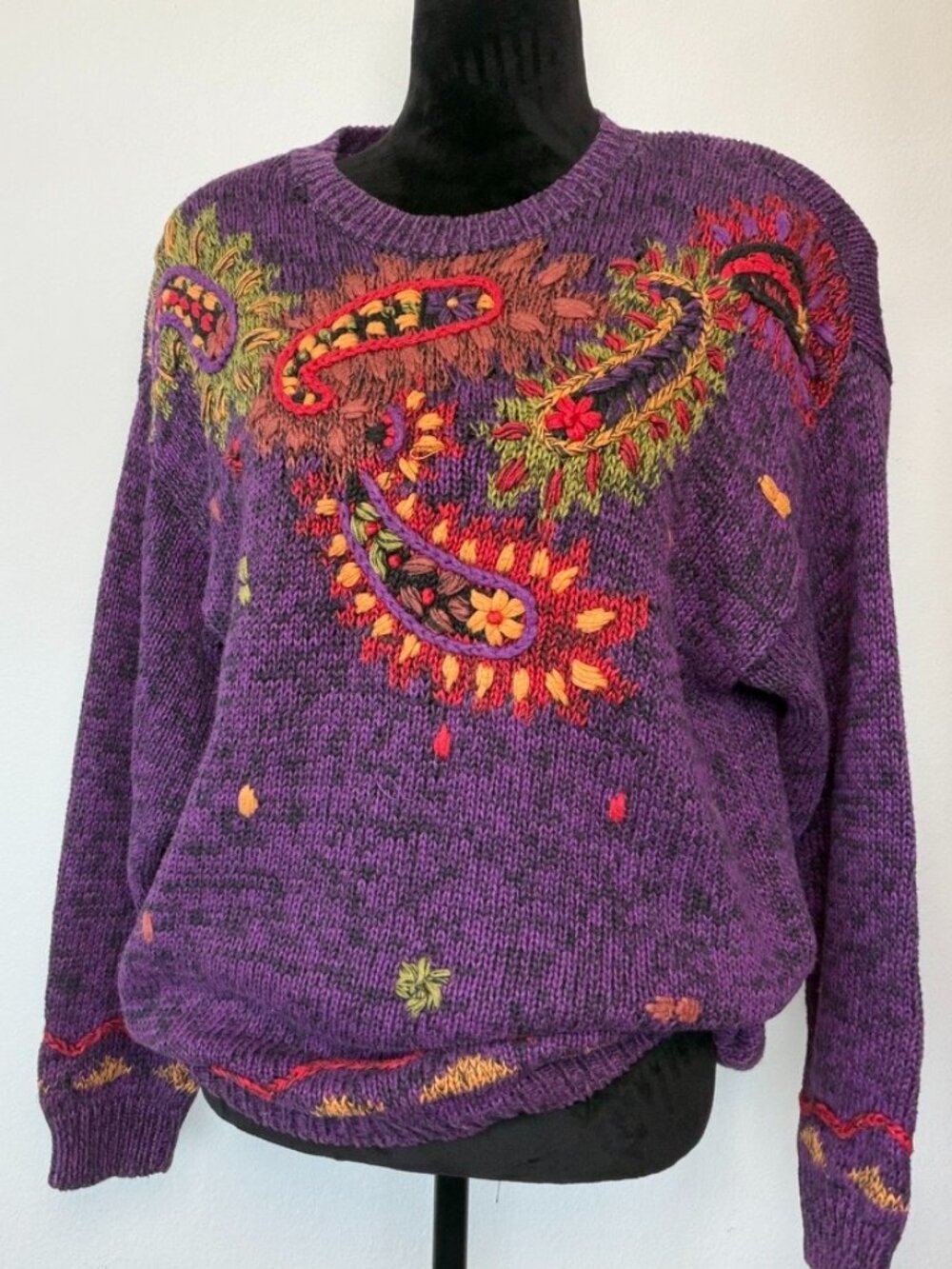 Vintage Rebecca Stone Purple Ramie Cotton Embroidered Paisley Sweater - S/M